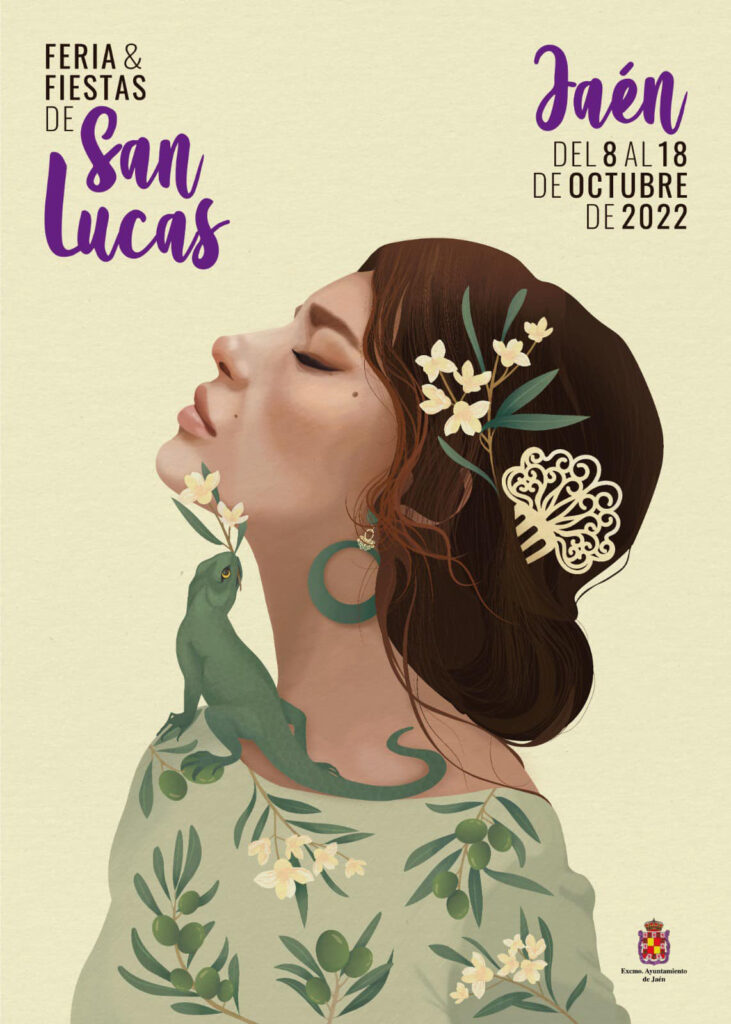 Cartel de la Feria y fiestas de San Lucas 2022 "Flor de octubre" de la diseñadora gráfica jiennense Carmen Perabá